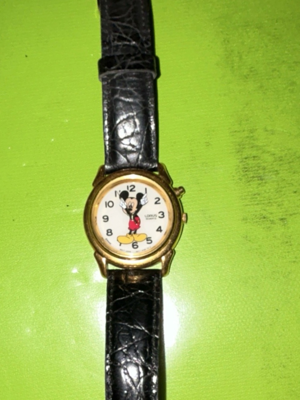 Disney Mickey Mouse Gold Tone Watch with Black Leather Strap